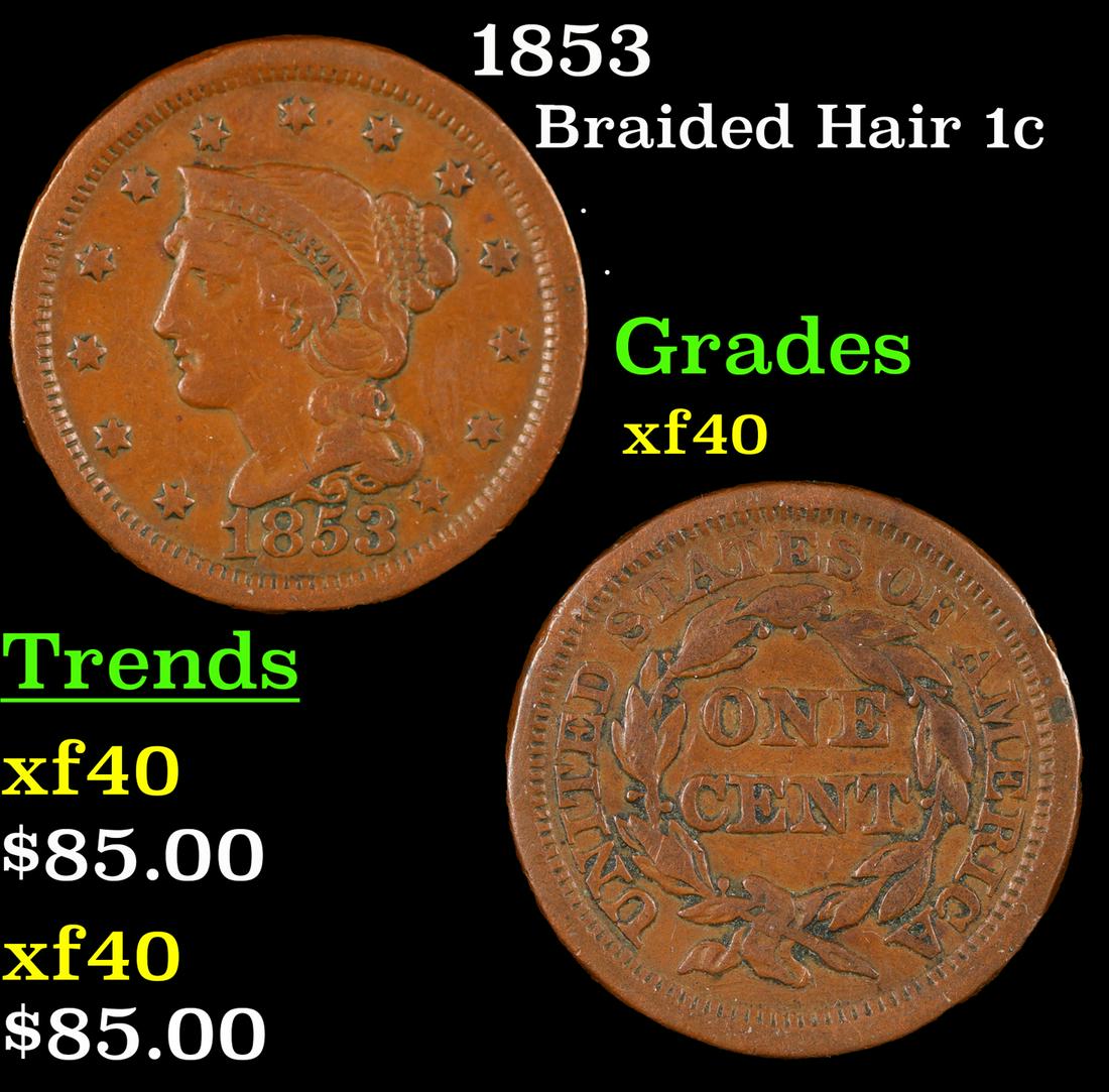 1853 Braided Hair Large Cent 1c Grades xf (1 of 3)