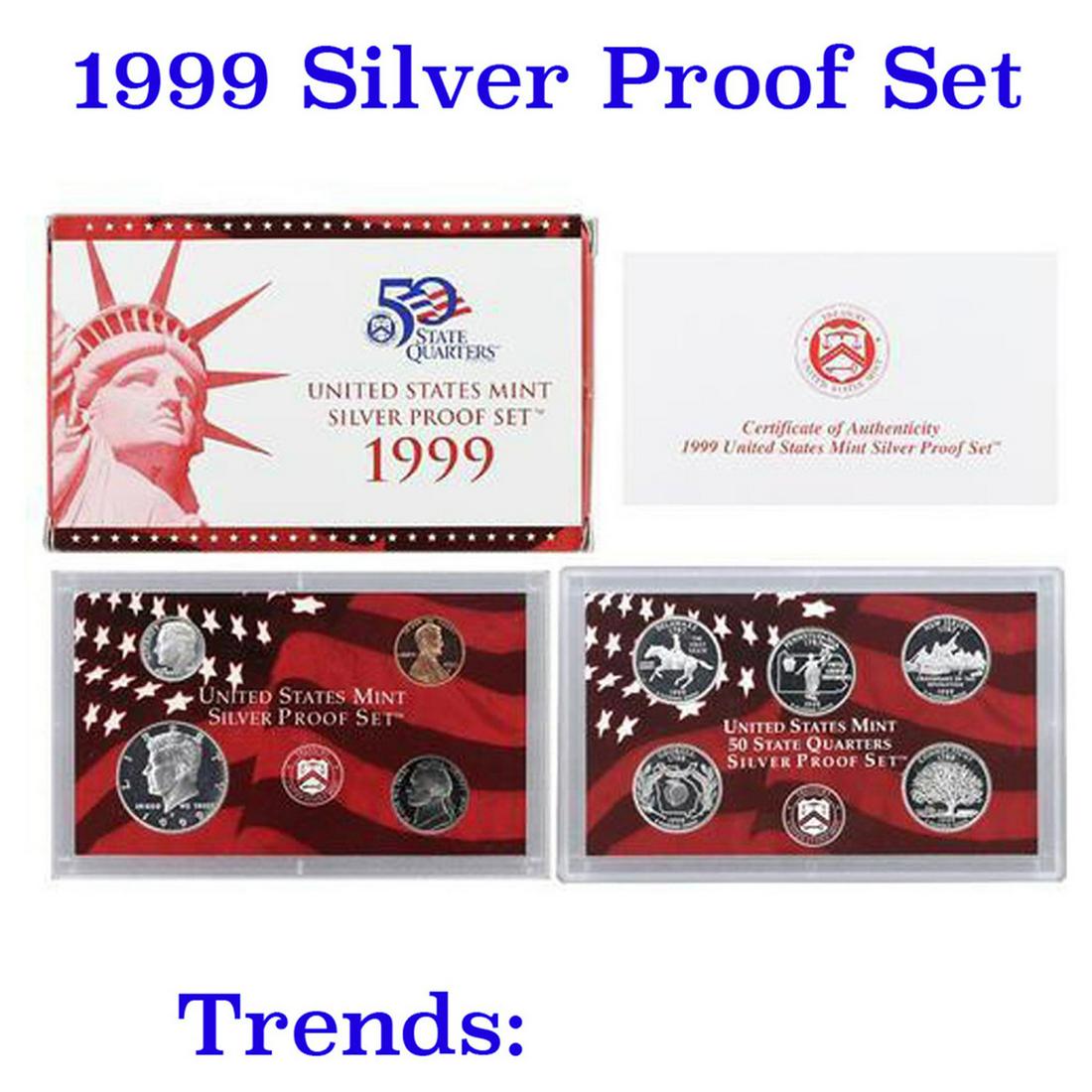 1999 United States Mint Silver Proof Set. 8 Coins Inside, about 1.3 ounces of pure silver. (1 of 1)