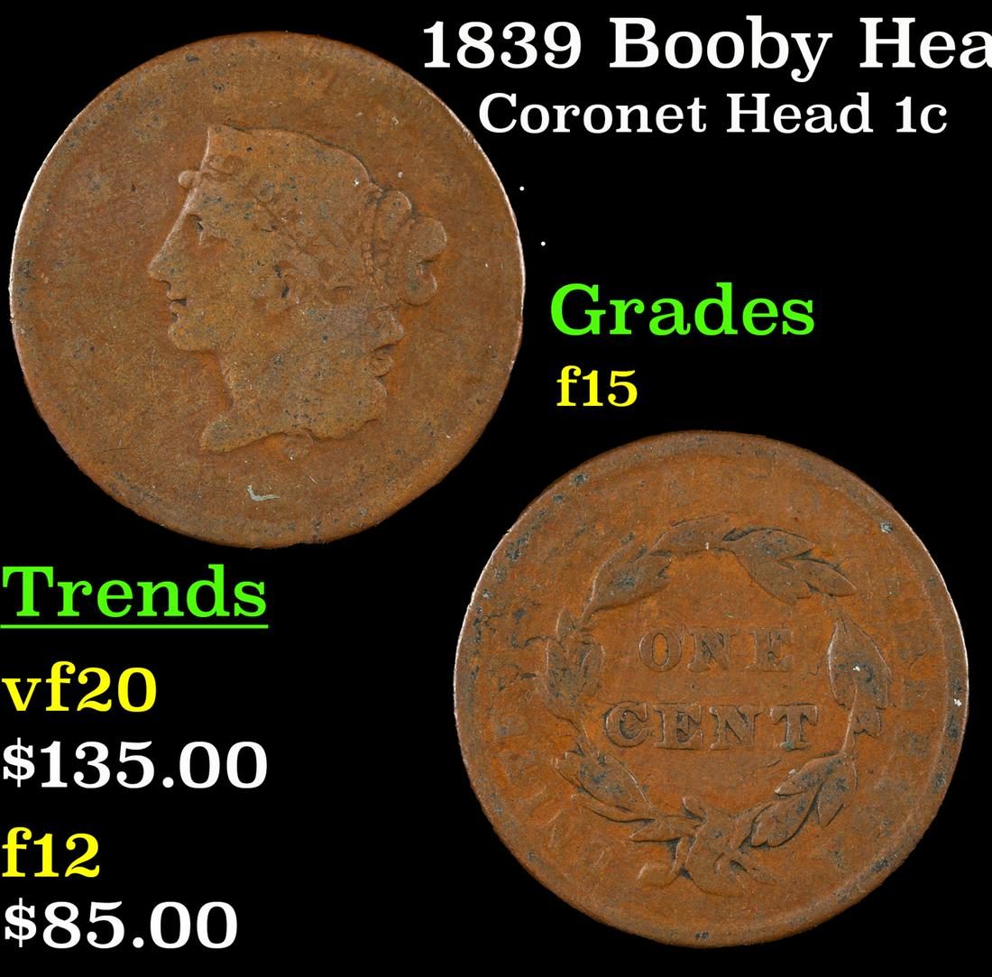 1839 Booby Head Coronet Head Large Cent 1c Grades f+ (1 of 3)