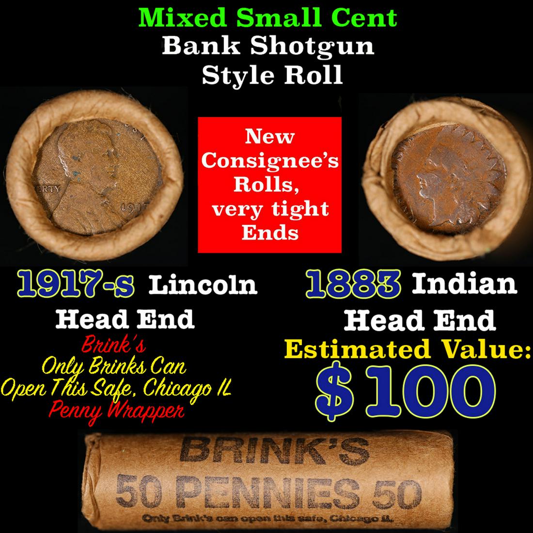 Mixed small cents 1c orig shotgun roll, 1917-s Wheat Cent, 1883 Indian Cent other end, Brinks (1 of 4)
