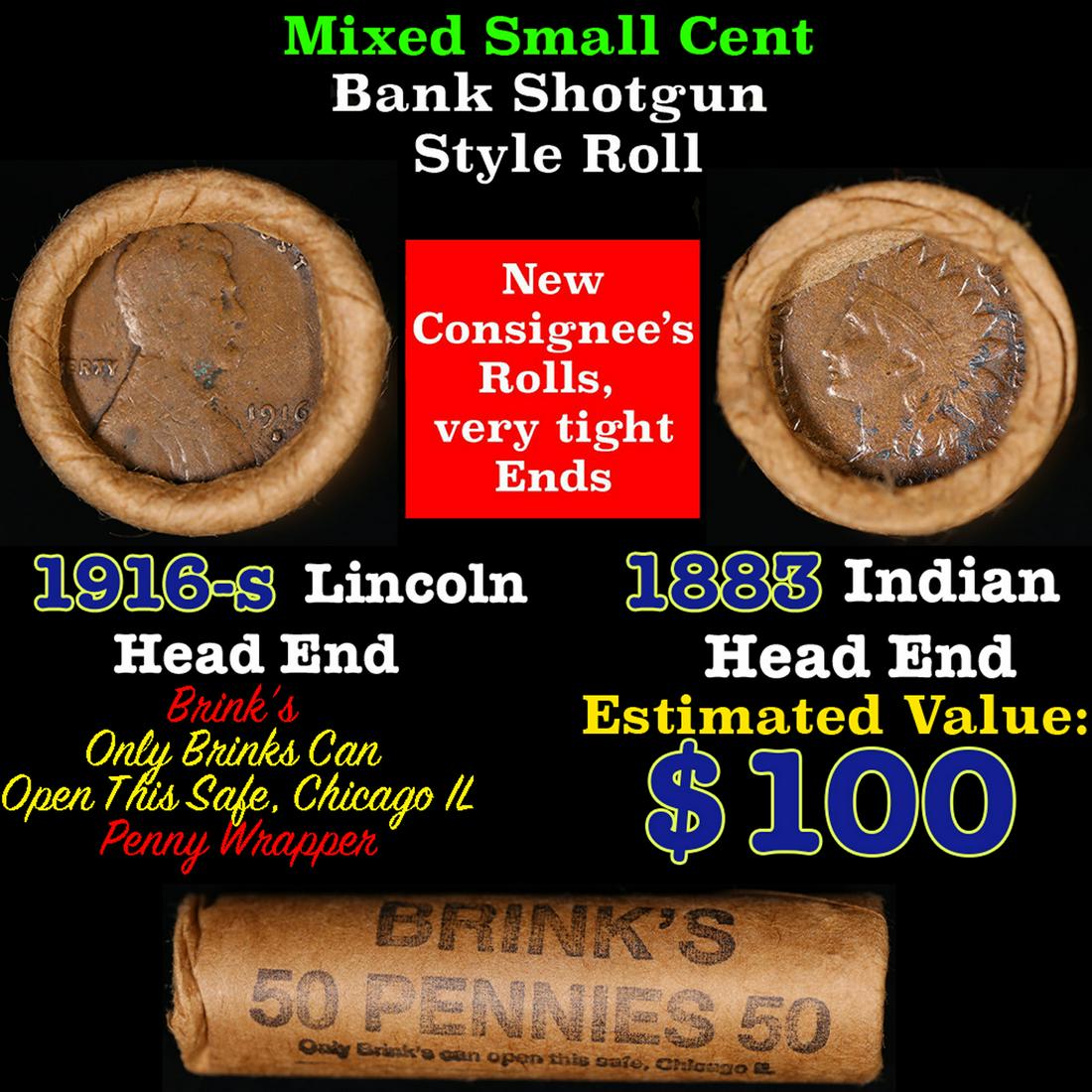 Mixed small cents 1c orig shotgun roll, 1916-s Wheat Cent, 1889 Indian Cent other end, Brinks (1 of 4)