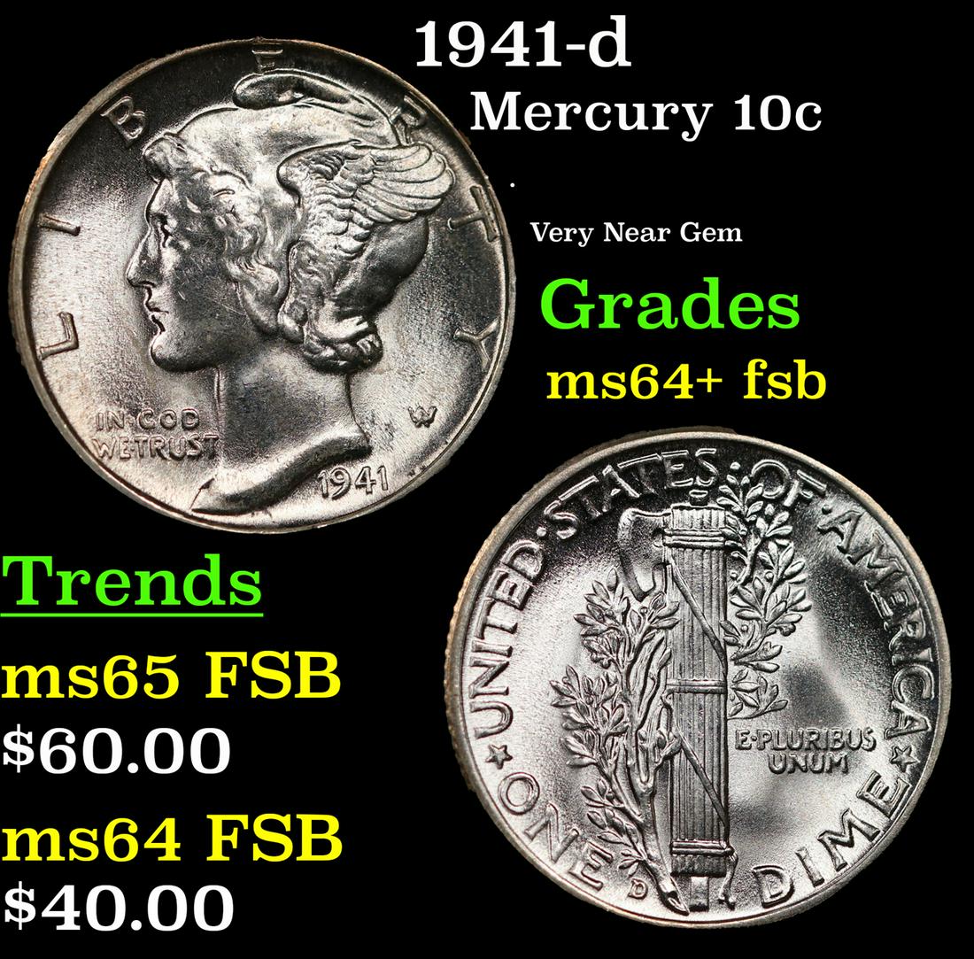1941-d Mercury Dime 10c Grades Choice Unc+ FSB (1 of 3)