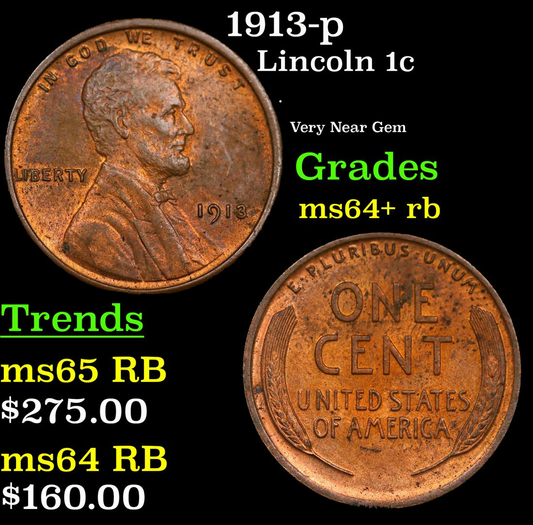 1913-p Lincoln Cent 1c Grades Choice+ Unc RB (1 of 3)