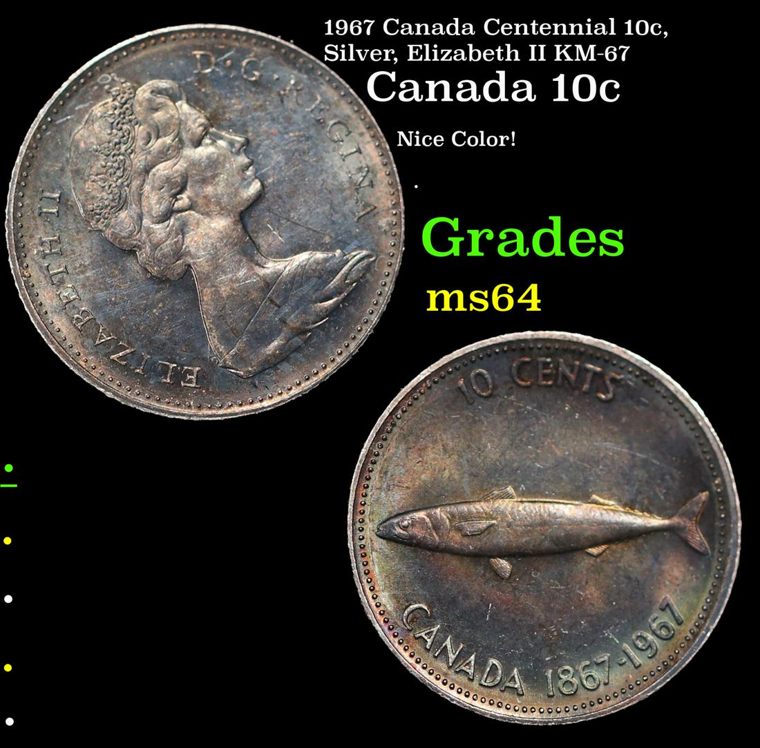 1967 Canada Centennial 10c, Silver, Elizabeth II KM-67 Grades Choice Unc (1 of 3)