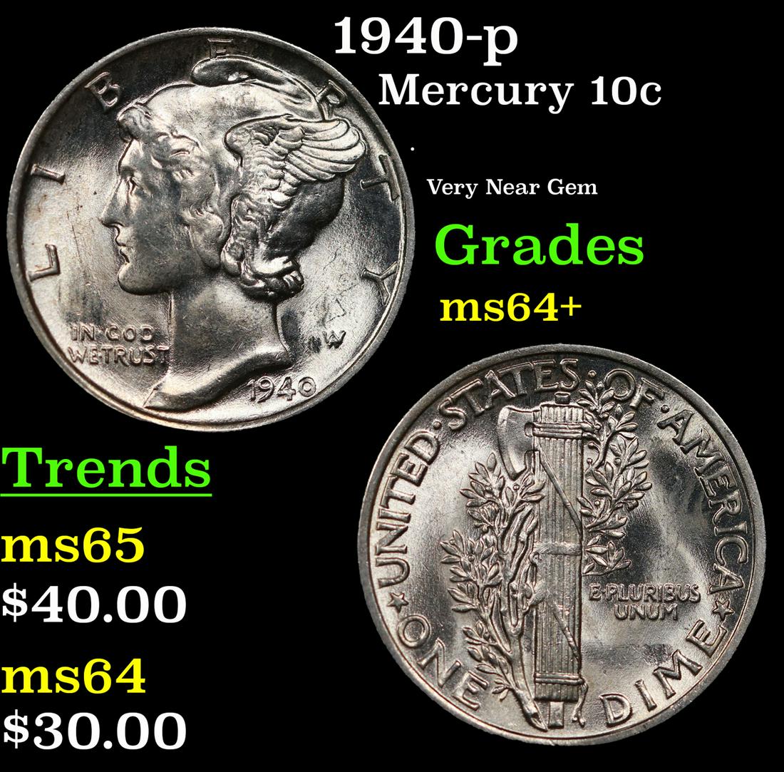 1940-p Mercury Dime 10c Grades Choice+ Unc (1 of 3)