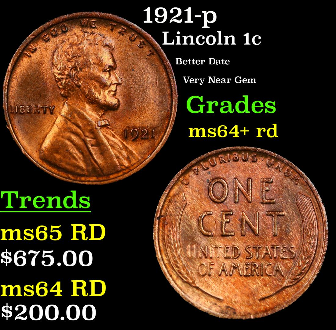 1921-p Lincoln Cent 1c Grades Choice+ Unc RD (1 of 3)