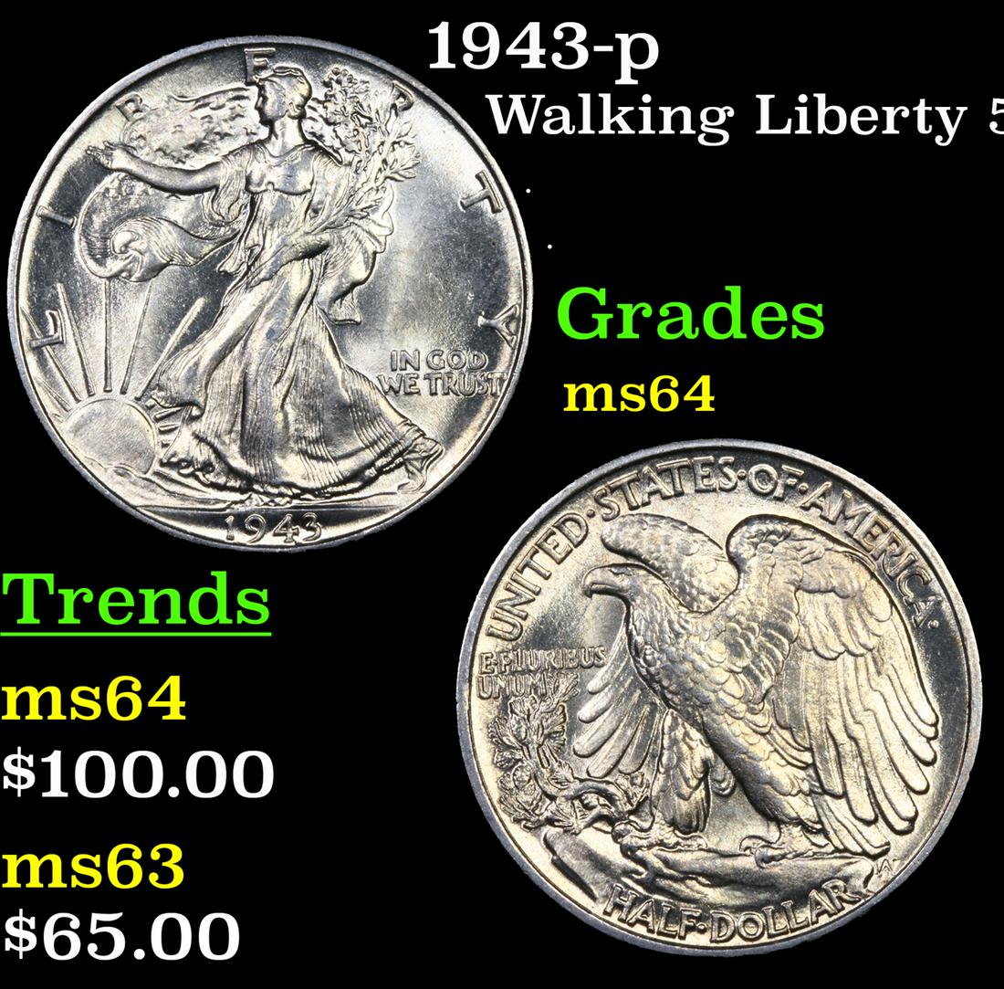1943-p Walking Liberty Half Dollar 50c Grades Choice Unc (1 of 3)