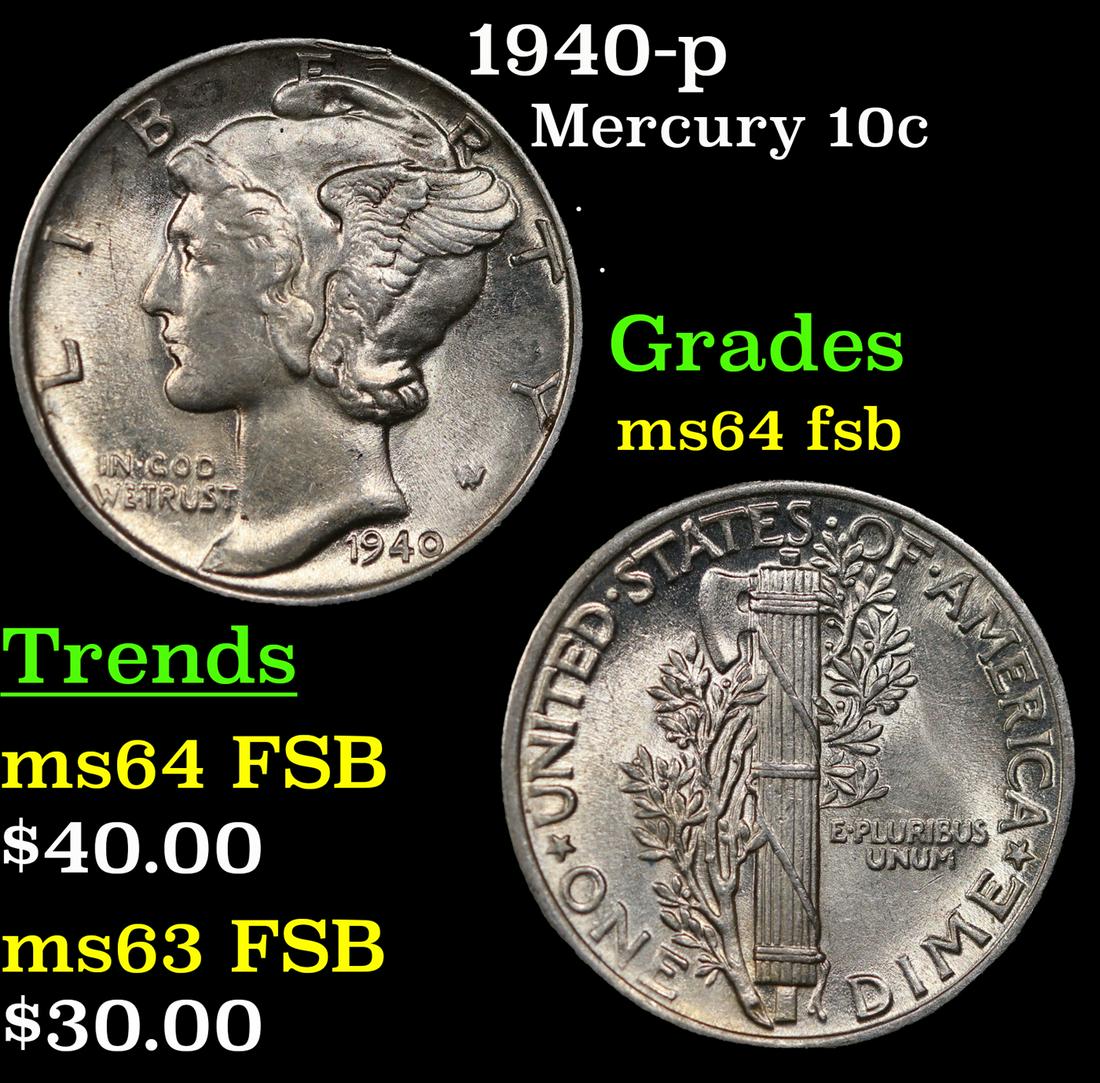 1940-p Mercury Dime 10c Grades Choice Unc FSB (1 of 3)