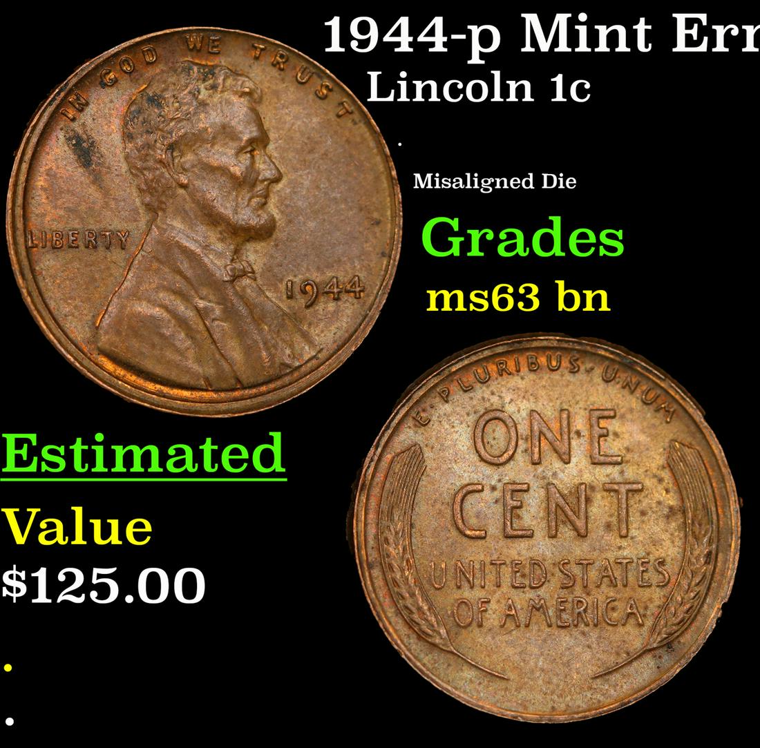 1944-p Lincoln Cent Mint Error 1c Grades Select Unc BN (1 of 3)