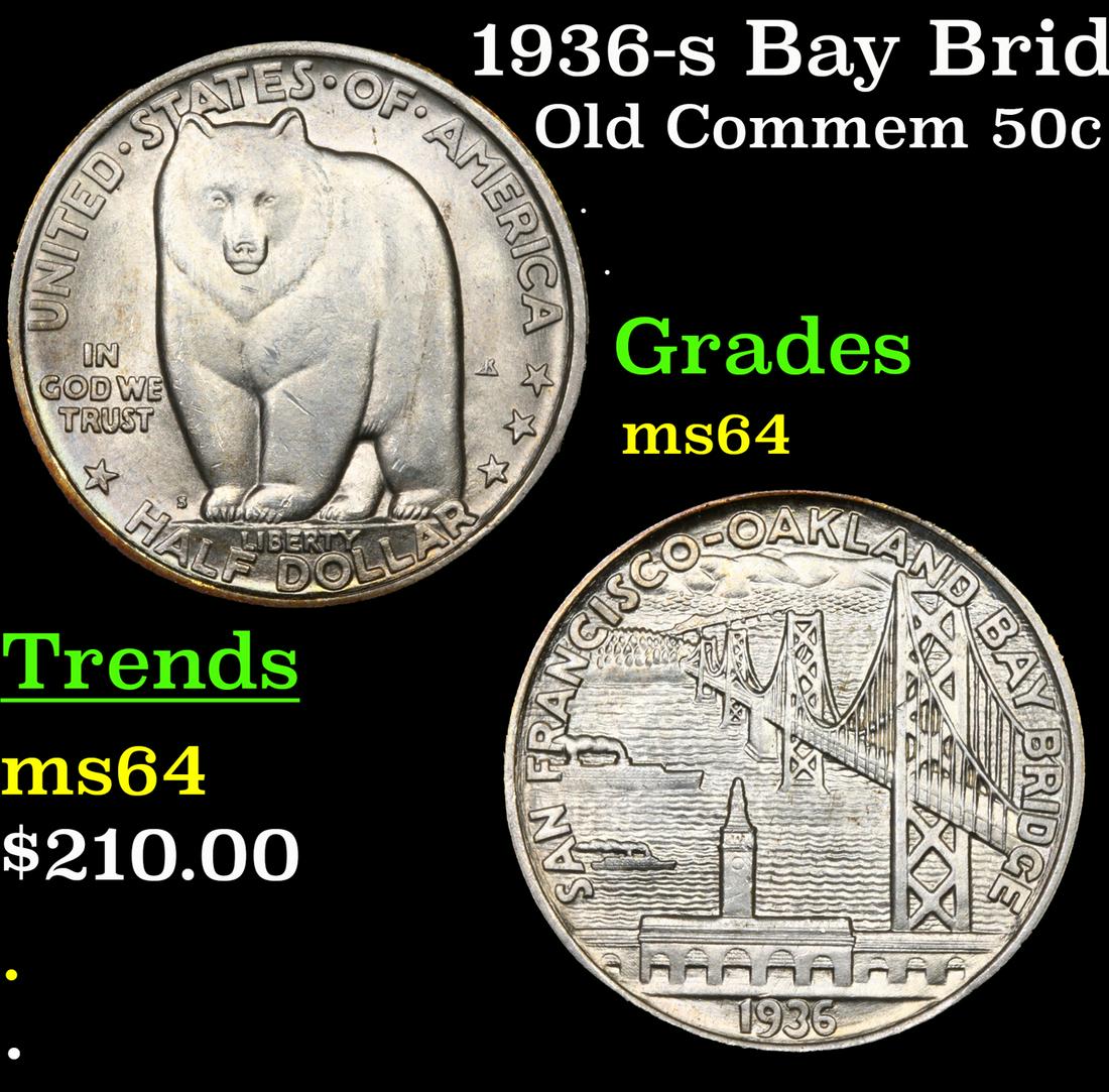 1936-s Bay Bridge Old Commem Half Dollar 50c Grades Choice Unc: 1936-s Bay Bridge Old Commem Half Dollar 50c Grades Choice Unc. The opening of the San Francisco-Oakland Bay Bridge was commemorated with the issuance of a silver half dollar. Commonly referred to as 