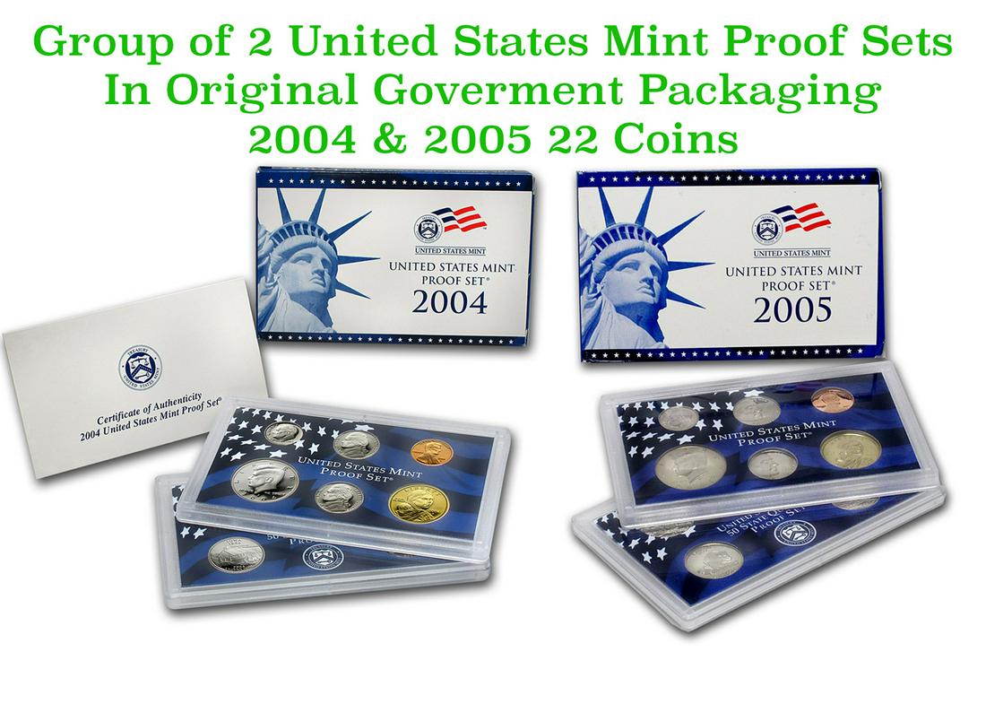 Group of 2 United States Mint Proof Sets 2004-2005 22 coins. (1 of 3)