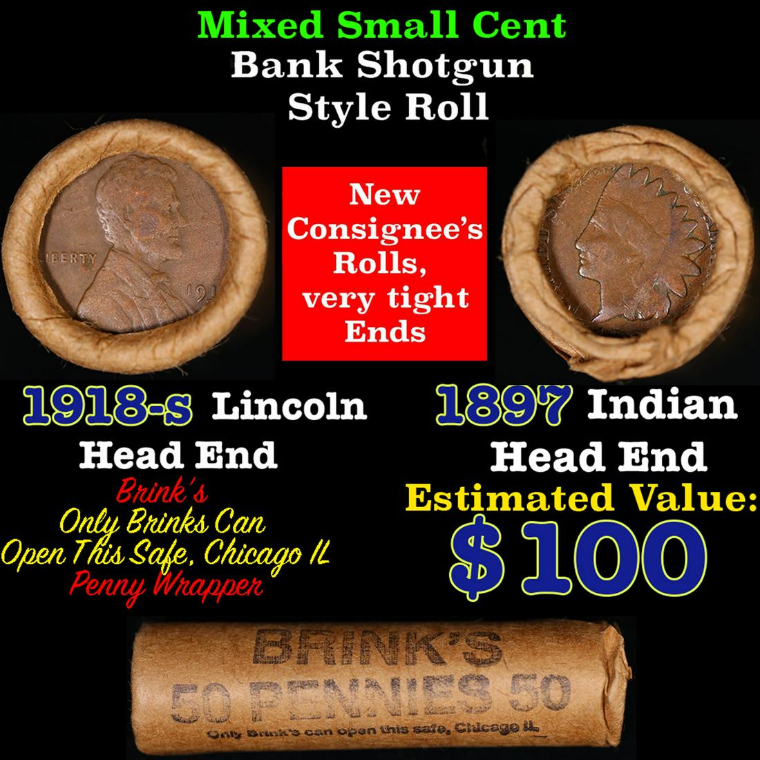 Mixed small cents 1c orig shotgun roll, 1918-s Wheat Cent, 1897 Indian Cent other end, Brinks (1 of 4)
