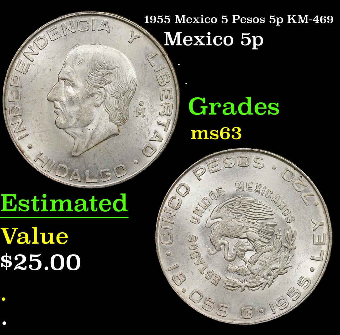 1955 Mexico 5 Pesos 5p KM-469 Grades Select Unc (1 of 3)