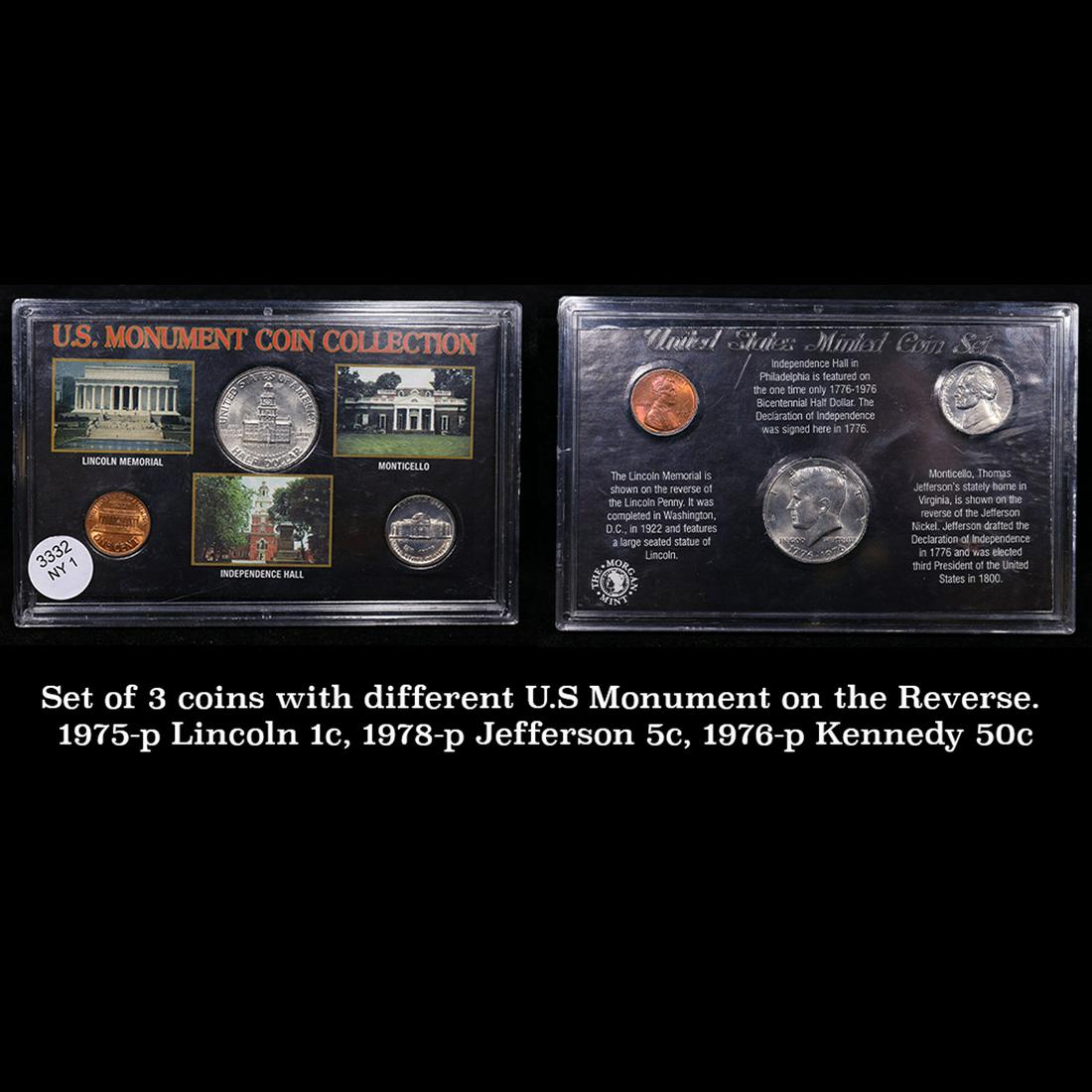 Set of 3 coins with different U.S Monument on the Reverse. 1975-p Lincoln 1c, 1978-p Jefferson 5c, (1 of 3)