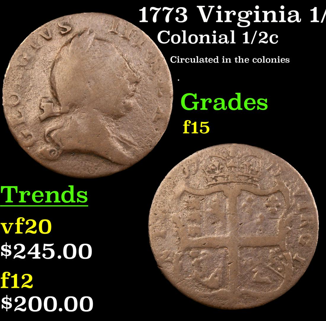 1773 Virginia 1/2P, No Period Colonial Half Cent 1/2c Graded f15 By SEGS (1 of 5)