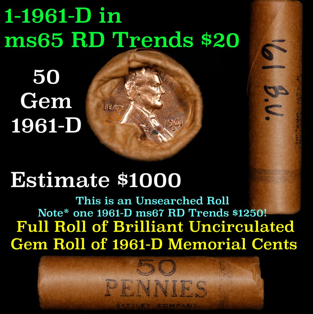 Shotgun Lincoln 1c roll, 1961-d 50 pcs Sattley Company Wrapper: Shotgun Lincoln 1c roll, 1961-d 50 pcs Sattley Company Wrapper . A terrific Shotgun roll of Lincoln cents. All coins appear to be cherry red. Trends ms65 rd $15