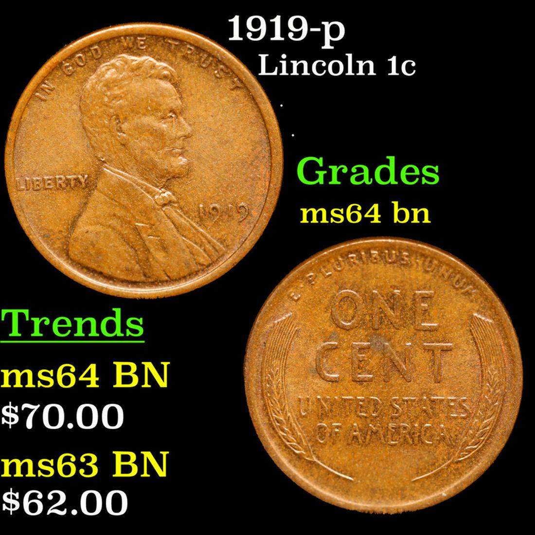1919-p Lincoln Cent 1c Grades Choice Unc BN (1 of 3)