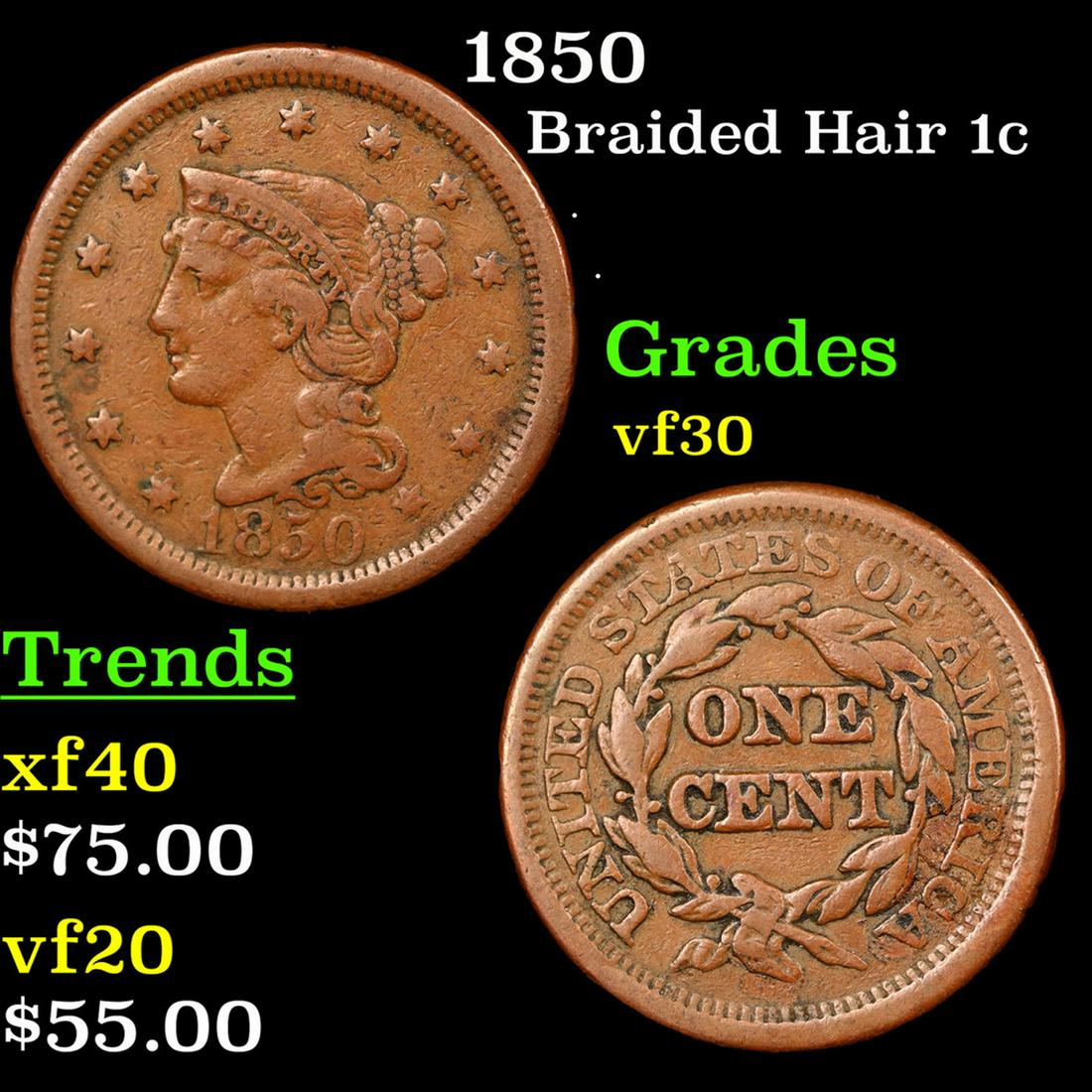 1850 Braided Hair Large Cent 1c Grades vf++ (1 of 3)