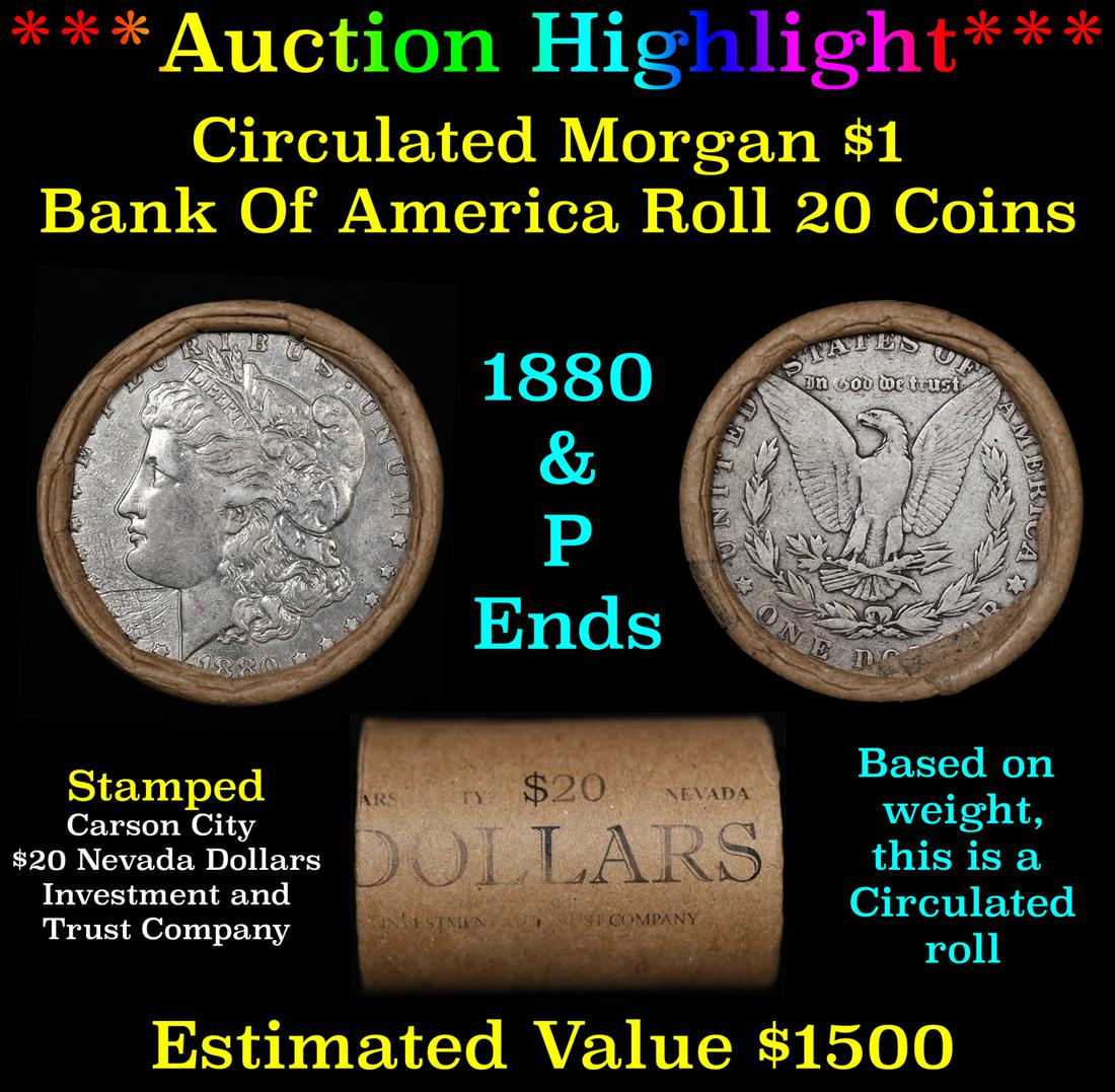 ***Auction Highlight*** Full solid Morgan Carson City silver dollar roll, 20 coin 1880 & 'P' Ends (1 of 4)