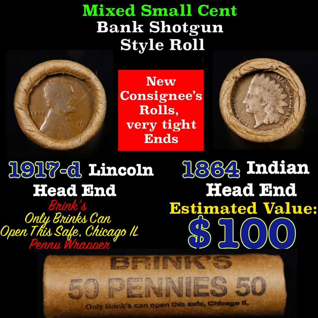 Mixed small cents 1c orig shotgun roll, 1917-d Wheat Cent, 1864 Indian Cent other end, Brinks (1 of 4)