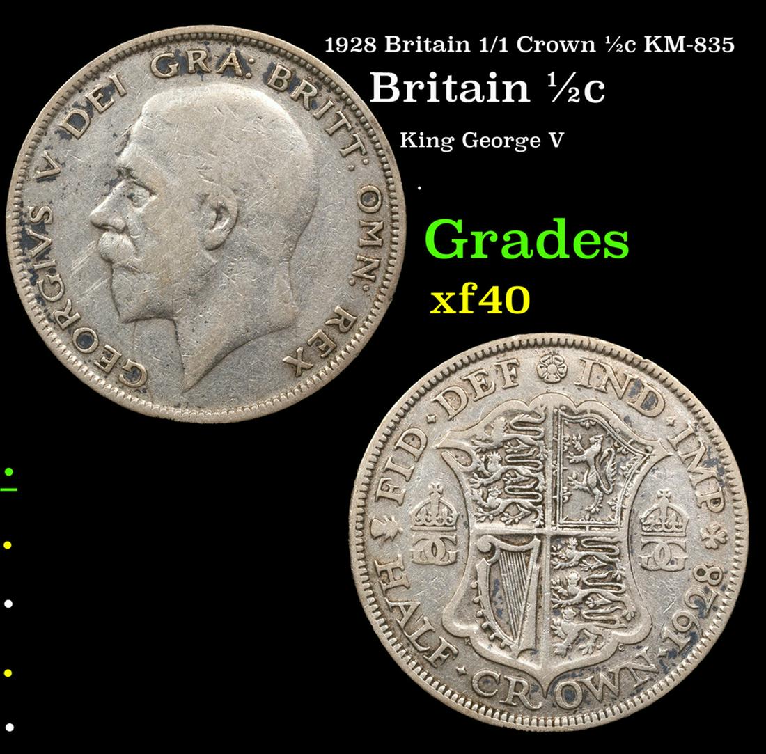 1928 Britain 1/1 Crown 1/2c KM-835 Grades xf: 1928 Britain 1/1 Crown 1/2c KM-835 Grades xf. King George V (George Frederick Ernest Albert; 3 June 1865 â€“ 20 January 1936) was King of the United Kingdom and the British Dominions, and Emperor
