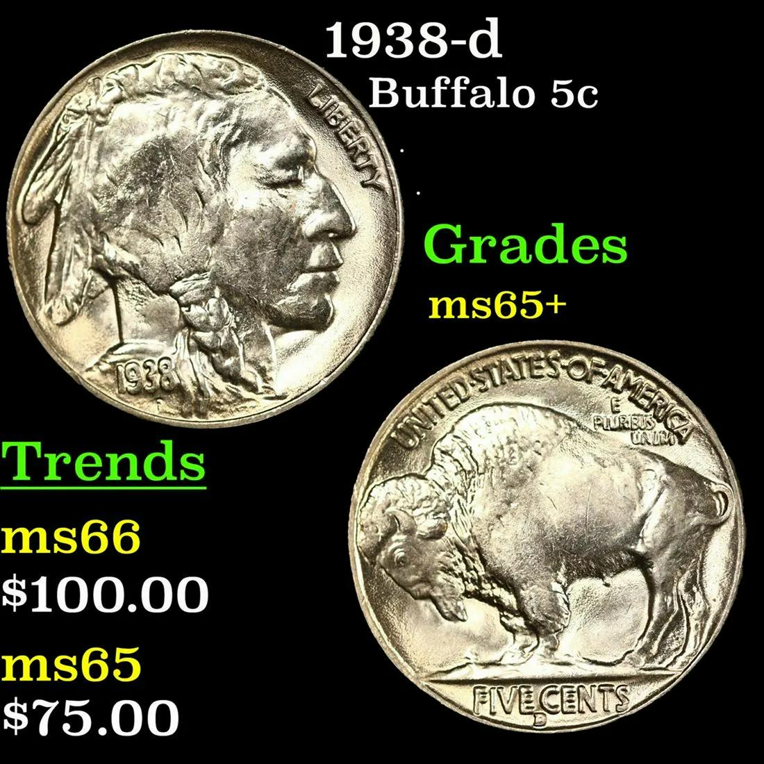 1938-d Buffalo Nickel 5c Grades GEM+ Unc (1 of 3)