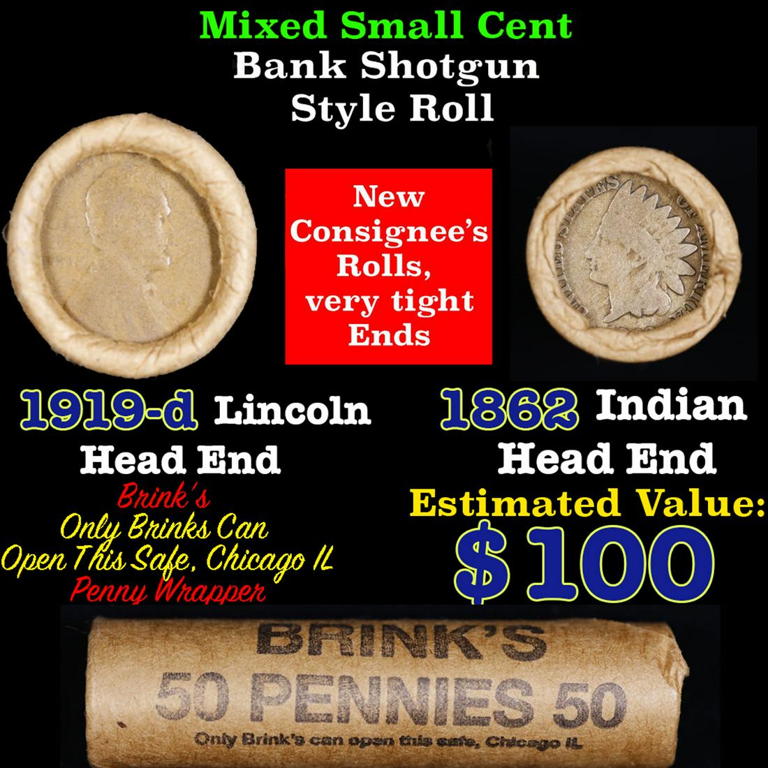 Mixed small cents 1c orig shotgun roll, 1919-d Wheat Cent, 1862 Indian Cent other end, Brinks (1 of 4)