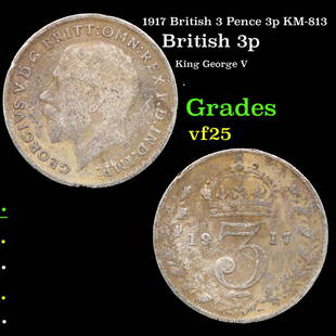 1917 British 3 Pence 3p KM-813 Grades vf+: 1917 British 3 Pence 3p KM-813 Grades vf+. King George V (George Frederick Ernest Albert; 3 June 1865 – 20 January 1936) was King of the United Kingdom and the British Dominions, and Emperor of
