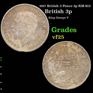 1917 British 3 Pence 3p KM-813 Grades vf+: 1917 British 3 Pence 3p KM-813 Grades vf+. King George V (George Frederick Ernest Albert; 3 June 1865 â€“ 20 January 1936) was King of the United Kingdom and the British Dominions, and Emperor of