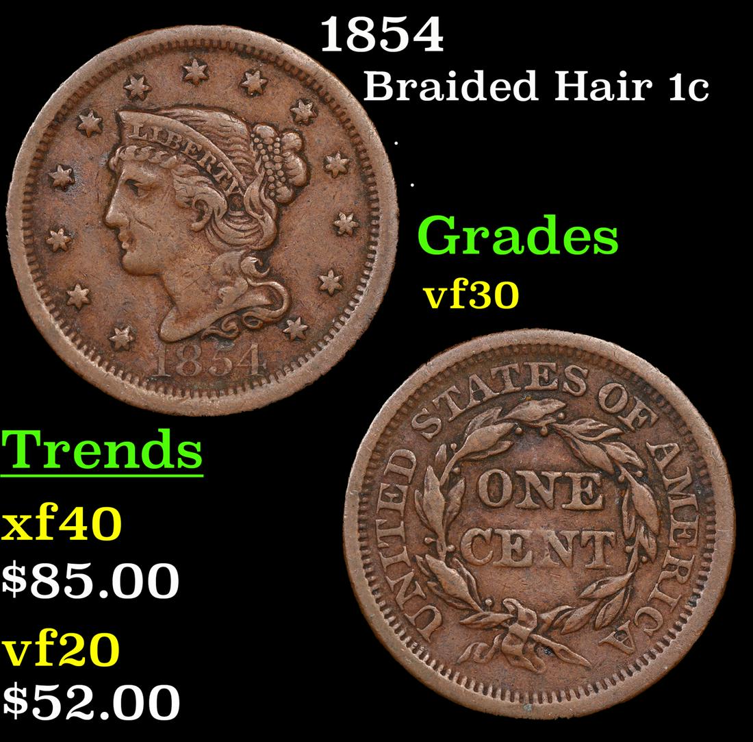 1854 Braided Hair Large Cent 1c Grades vf++ (1 of 3)