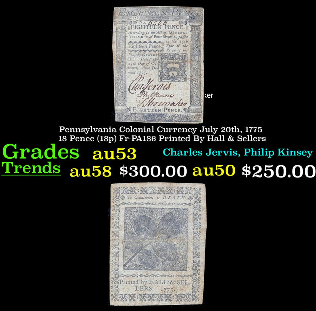 Pennsylvania Colonial Currency July 20th, 1775 18 Pence (18p) Fr-PA186 Printed By Hall & Sellers (1 of 3)