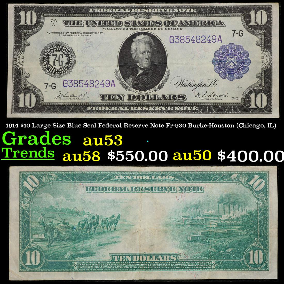 1914 $10 Large Size Blue Seal Federal Reserve Note Fr-930 Burke-Houston (Chicago, IL) Grades Select (1 of 3)