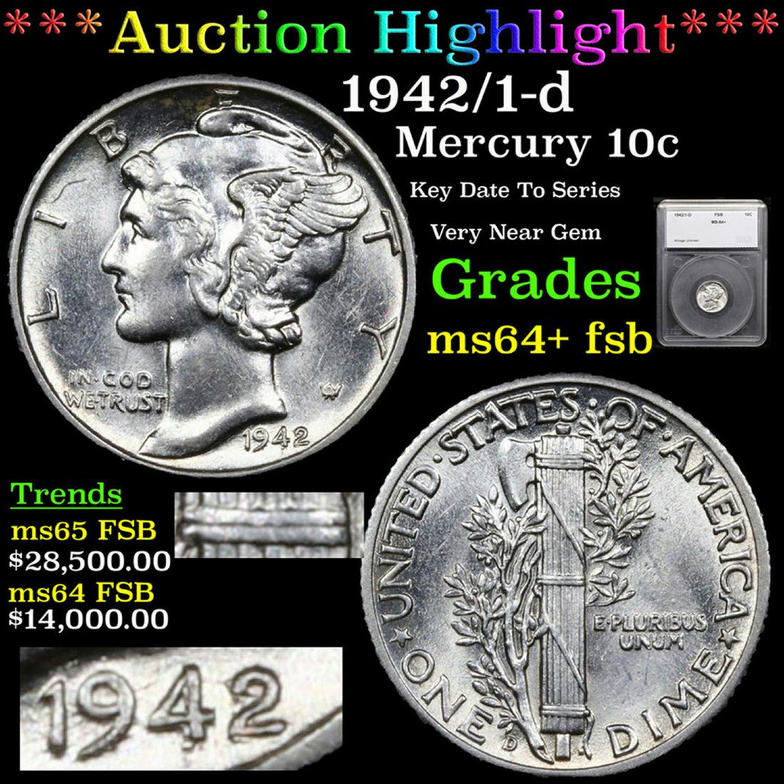 ***Auction Highlight*** 1942/1-d Mercury Dime 10c Graded ms64+ fsb By SEGS (fc) (1 of 7)