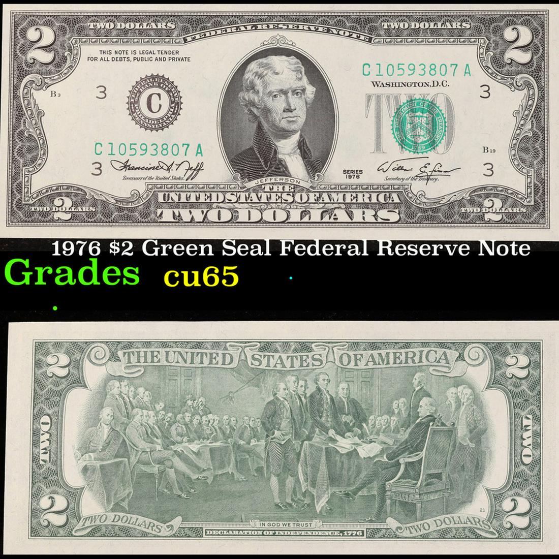 1976 $2 Green Seal Federal Reserve Note Grades Gem CU (1 of 3)