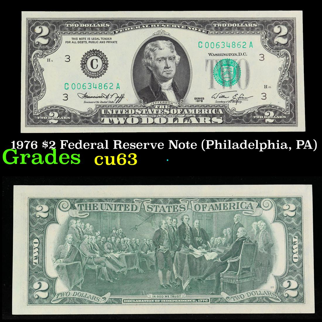 1976 $2 Federal Reserve Note (Philadelphia, PA) Grades Select CU (1 of 3)
