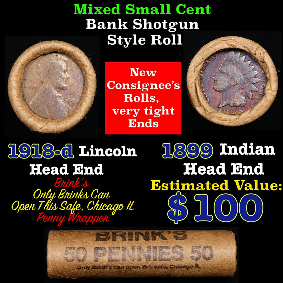 Mixed small cents 1c orig shotgun roll, 1918-d Wheat Cent, 1899 Indian Cent other end, Brinks (1 of 4)