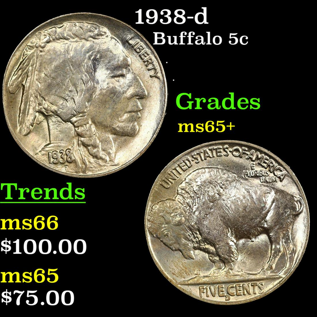 1938-d Buffalo Nickel 5c Grades GEM+ Unc (1 of 3)