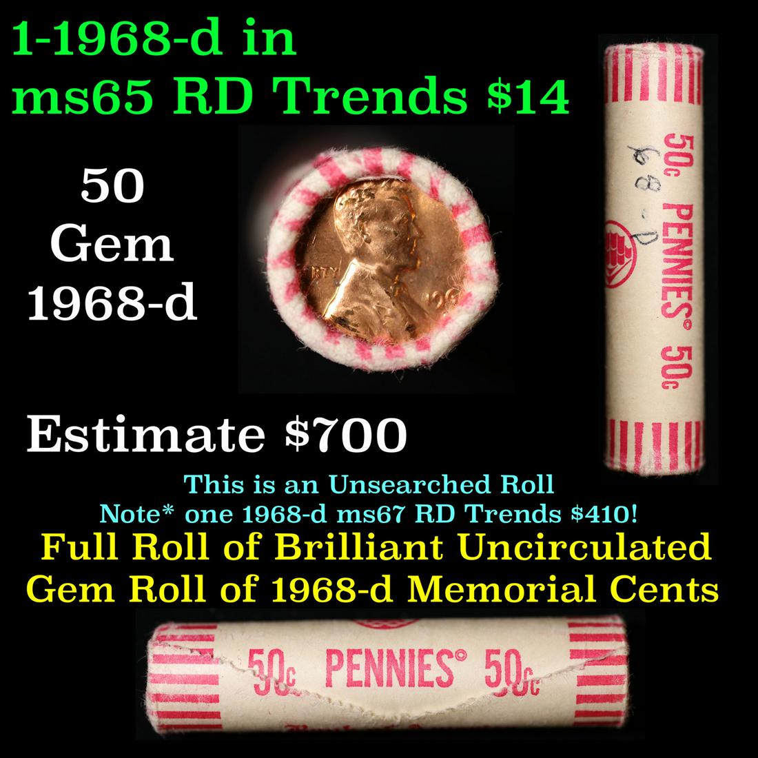 Shotgun Lincoln 1c roll, 1968-s 50 pcs Brandt Wrapper.: Shotgun Lincoln 1c roll, 1968-s 50 pcs Brandt Wrapper.. A terrific Shotgun roll of Lincoln cents. All coins appear to be cherry red. Trends ms65 rd $14