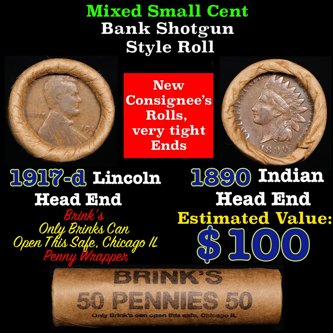 Mixed small cents 1c orig shotgun roll, 1917-d Wheat Cent, 1890 Indian Cent other end, Brinks (1 of 4)