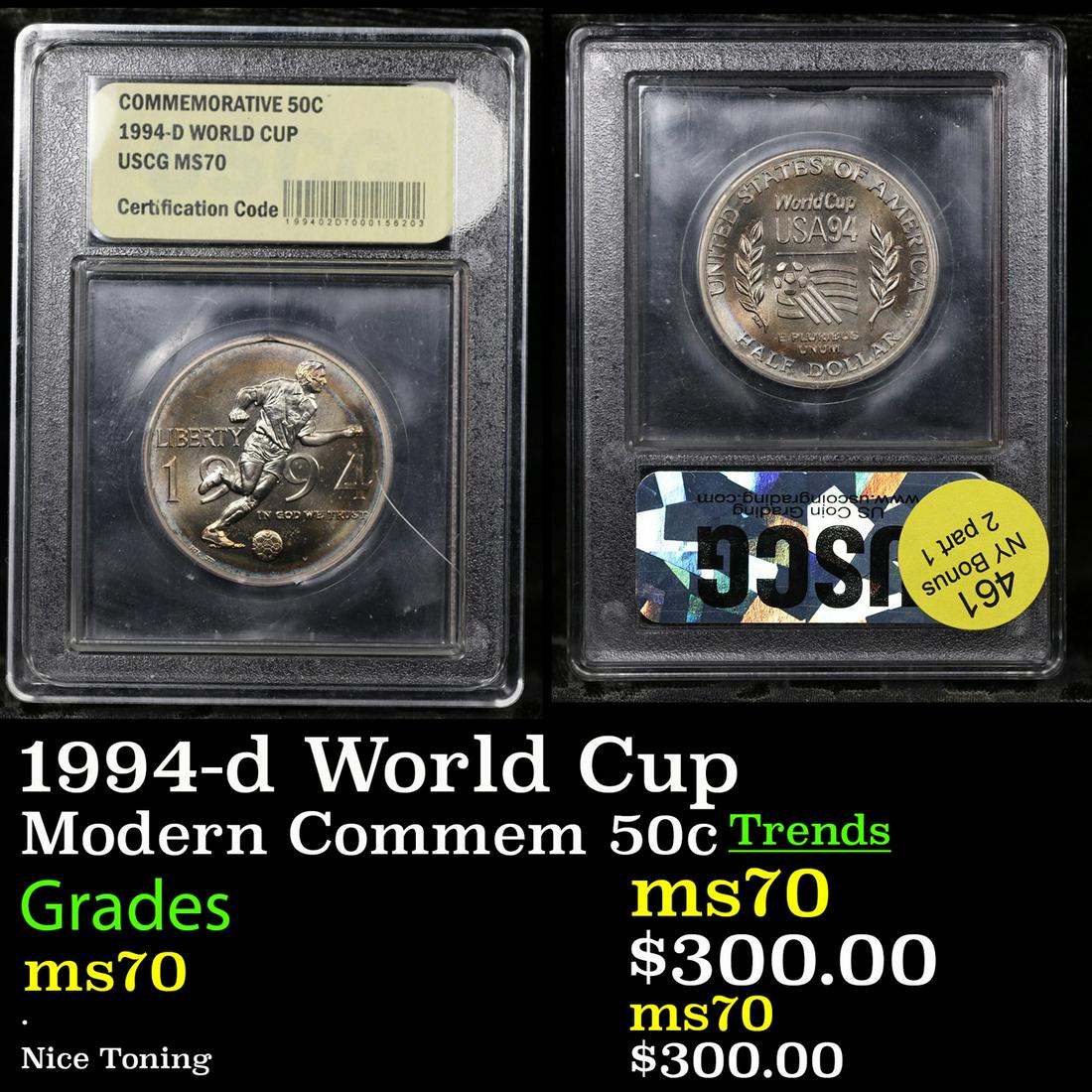 1994-d World Cup Modern Commem Half Dollar 50c Graded ms70, Perfection By USCG (1 of 3)