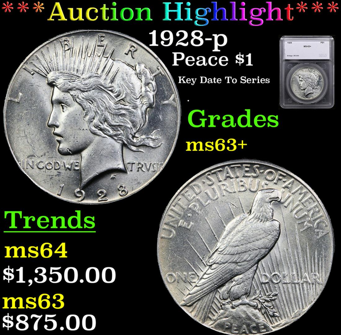 ***Auction Highlight*** 1928-p Peace Dollar $1 Graded ms63+ By SEGS (fc) (1 of 5)