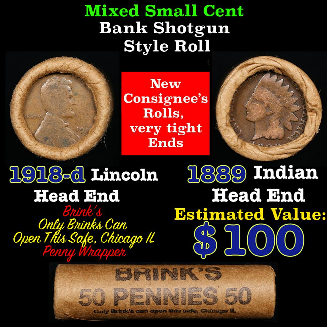 Mixed small cents 1c orig shotgun roll, 1918-d Wheat Cent, 1889 Indian Cent other end, Brinks (1 of 4)