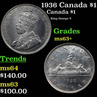 1936 Canada $1 Canada Dollar KM-31 $1 Grades Select+ Unc: 1936 Canada $1 KM-31 Canada Dollar $1 Grades Select+ Unc. King George V (George Frederick Ernest Albert; 3 June 1865 – 20 January 1936) was King of the United Kingdom and the British Dominions,
