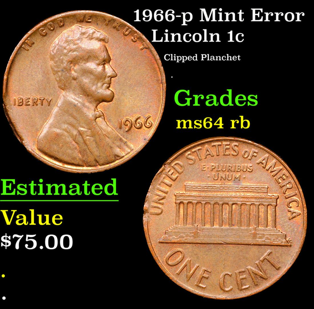 1966-p Lincoln Cent Mint Error 1c Grades Choice Unc RB (1 of 3)