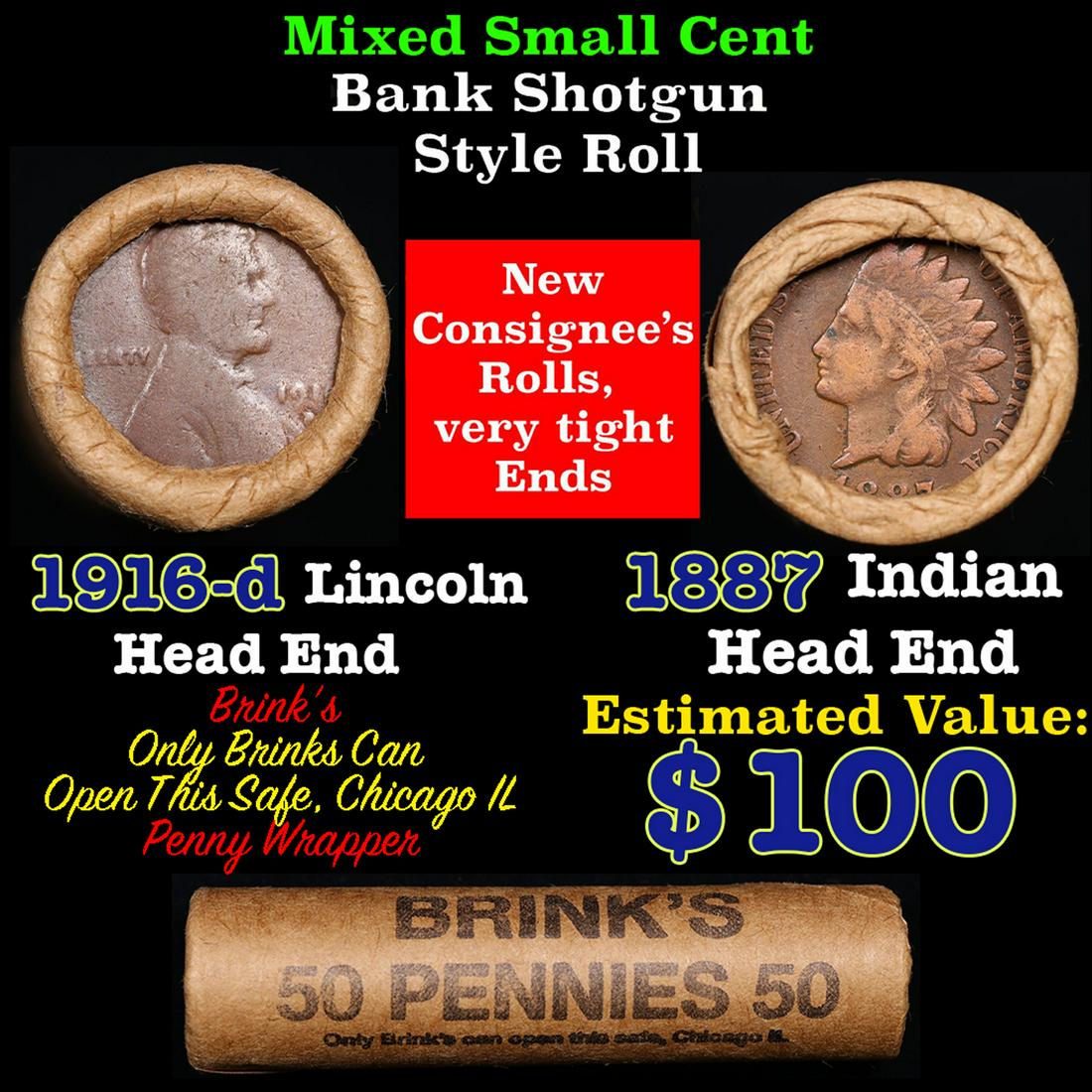Mixed small cents 1c orig shotgun roll, 1916-d Wheat Cent, 1887 Indian Cent other end, Brinks (1 of 4)