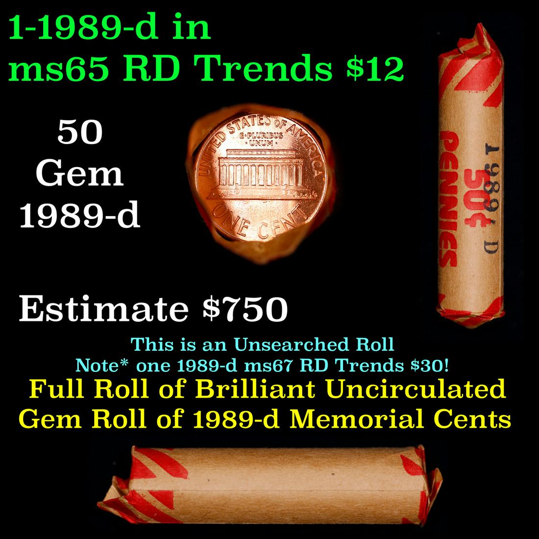 Shotgun Lincoln 1c roll, 1968-p 50 pcs Wrapper.: Shotgun Lincoln 1c roll, 1968-p 50 pcs Wrapper.. A terrific Shotgun roll of Lincoln cents. All coins appear to be cherry red. Trends ms65 rd $22