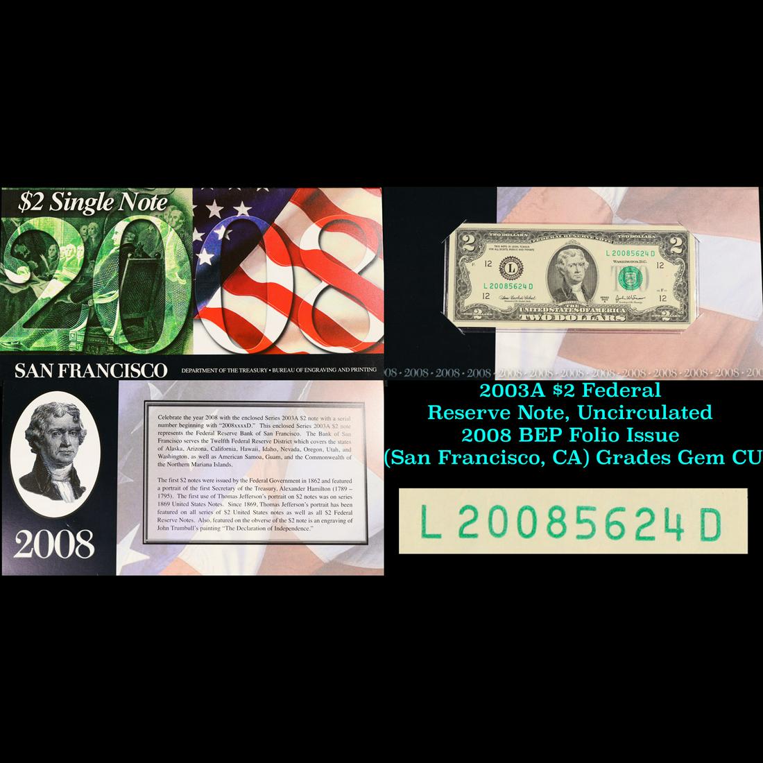 2003A $2 Federal Reserve Note, Uncirculated 2008 BEP Folio Issue (San Francisco, CA) Grades Gem CU (1 of 4)