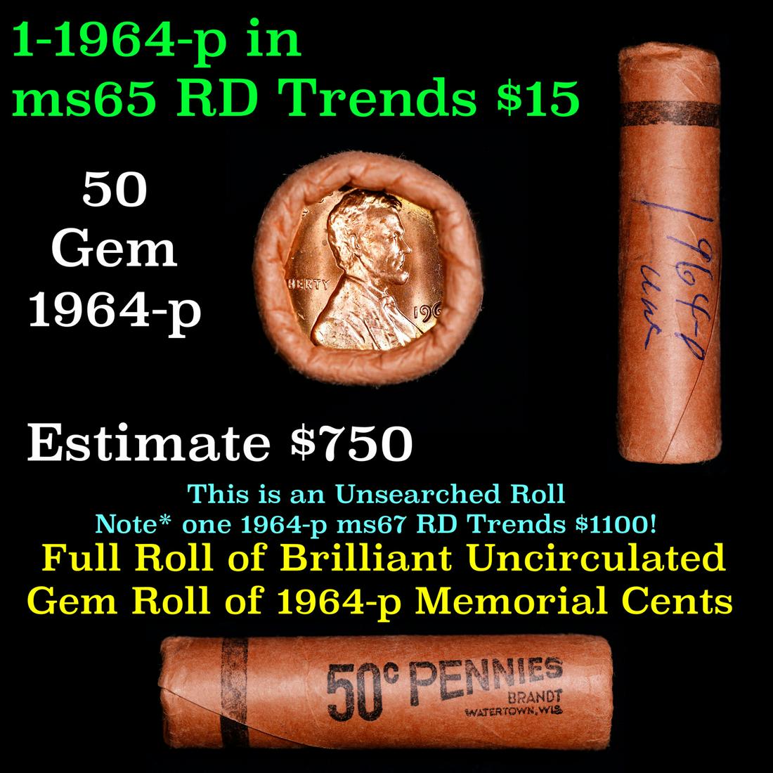 Shotgun Lincoln 1c roll, 1964-p 50 pcs Brandt Wrapper.: Shotgun Lincoln 1c roll, 1964-p 50 pcs Brandt Wrapper.. A terrific Shotgun roll of Lincoln cents. All coins appear to be cherry red. Trends ms65 rd $15