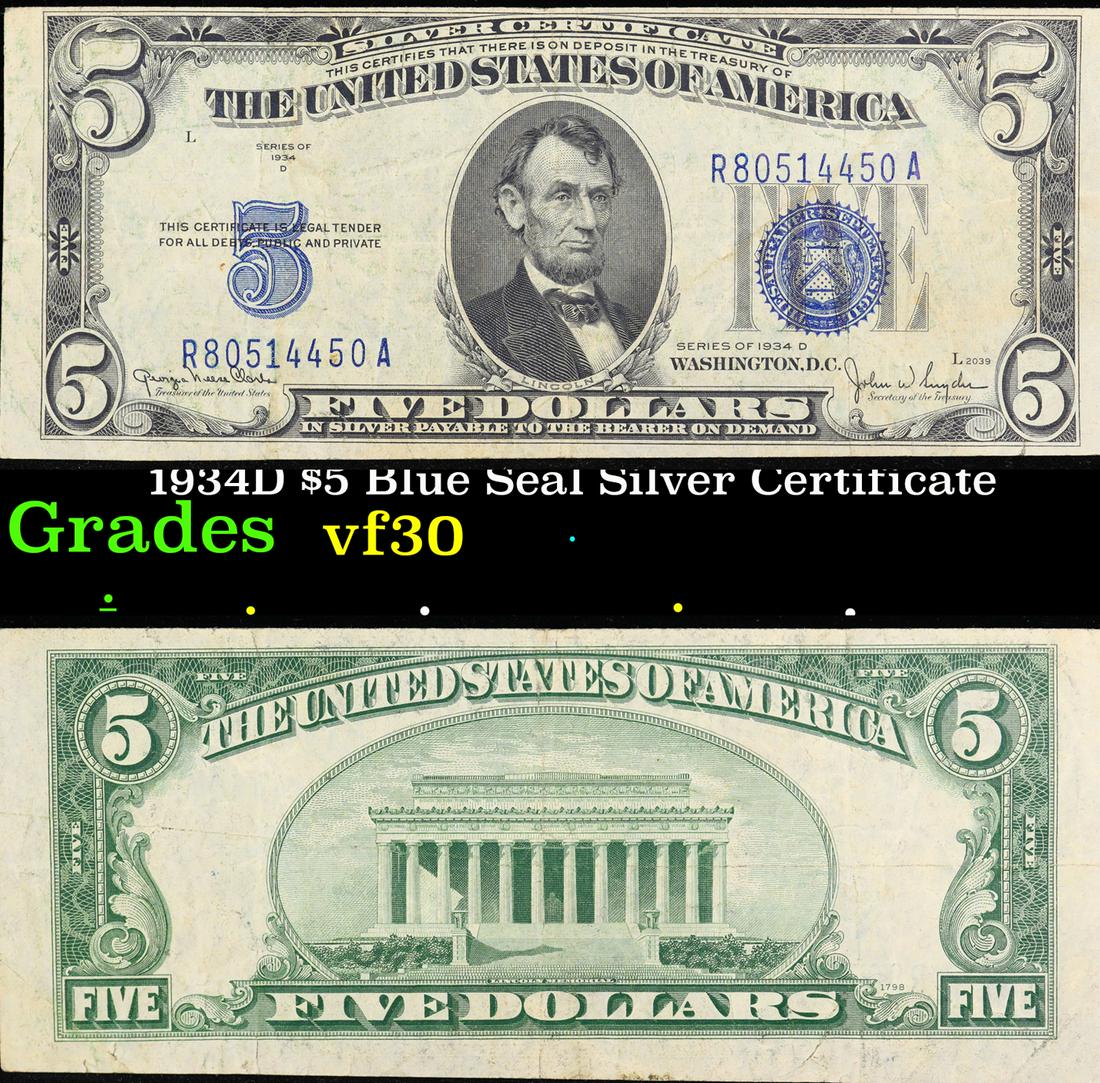 1934D $5 Blue Seal Silver Certificate Grades vf++ (1 of 3)