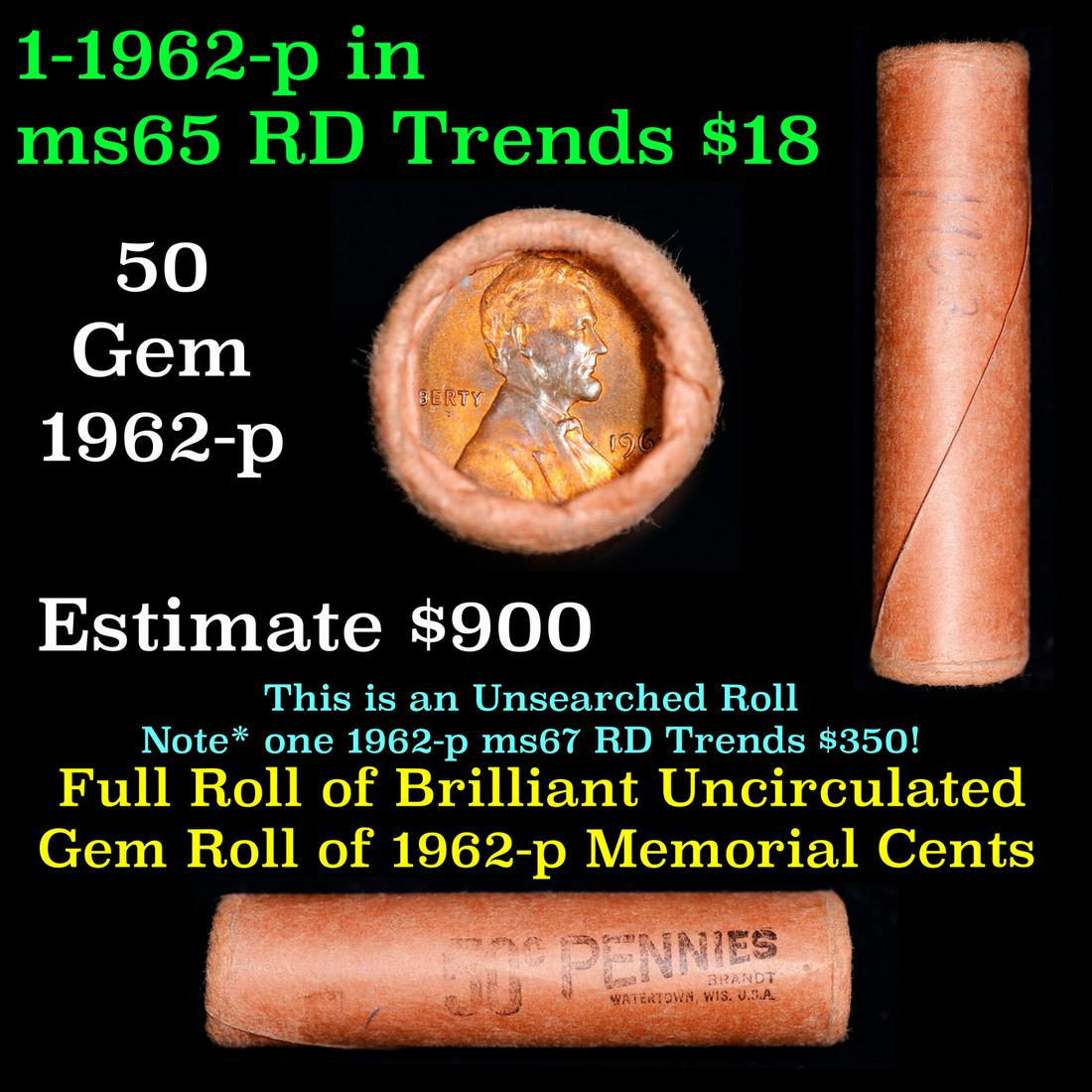 Shotgun Lincoln 1c roll, 1962-p 50 pcs Brandt Wrapper.: Shotgun Lincoln 1c roll, 1962-p 50 pcs Brandt Wrapper.. A terrific Shotgun roll of Lincoln cents. All coins appear to be cherry red. Trends ms65 rd $18